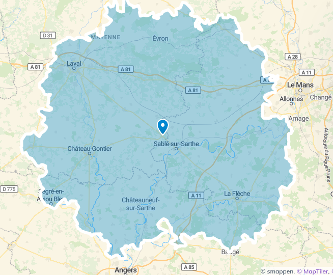 carte de déplacement de Marie Fréville ostéopathe animalier jusqu'à Château gontier, Segré, La Flèche, Laval, Angers